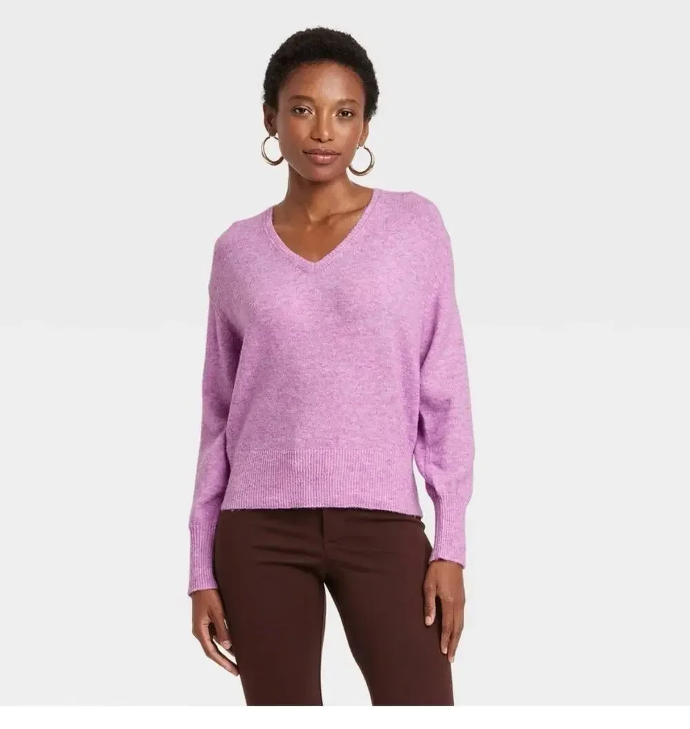 A New Day Women's Cozy Knit V-Neck Pullover Sweater Purple XS